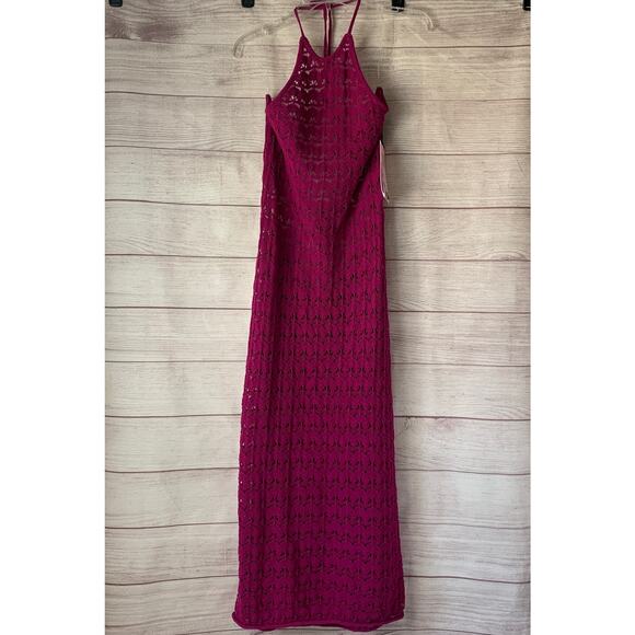 Future Collective Pink Midi Dress Halter Tie Neck Open Knit Crochet Size XL - Picture 1 of 16